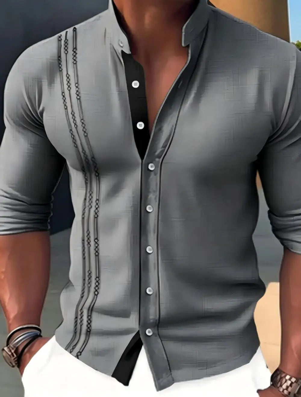 Men's linen casual shirt, loose fit, fashionable, high collar, suitable for summer wear, high collar cardigan, long sleeved, mad