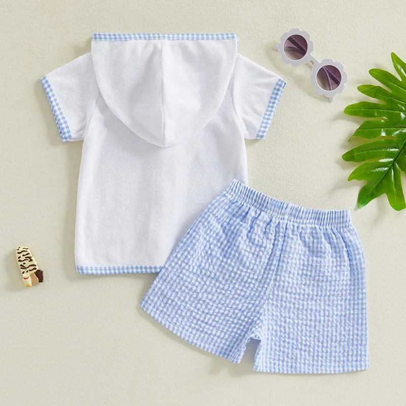 Toddler Kids Baby Girls Boys Summer Clothing Sets Short Sleeve Zipper Hood Tops with Plaid Print Shorts Beach Cover Up Outfits