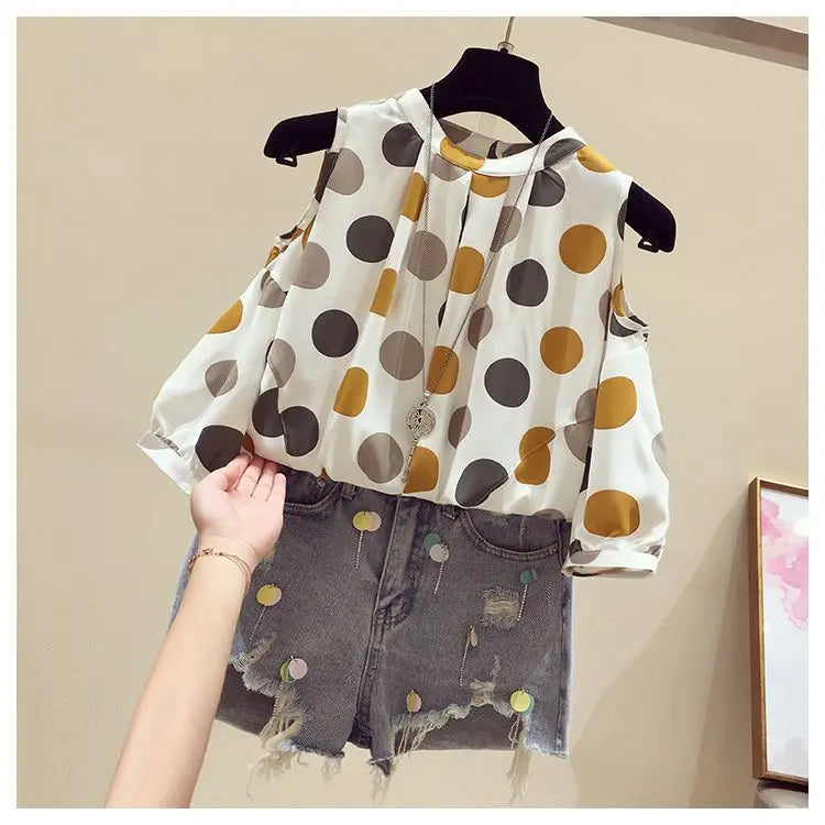 Oversize Summer Polka Dot Printed Chiffon Blouses Women Round Neck Patchwork Short Sleeve Shirt Off Shoulder Tops Female Clothes