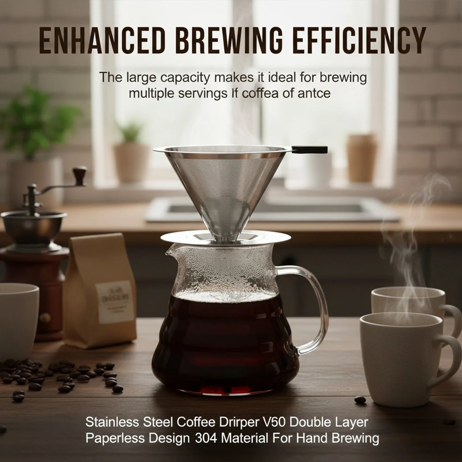 V60 Stainless Steel Coffee Filter Cone Double Layer Paperless Design 304 Material for Pour Over Brewing Large Capacity