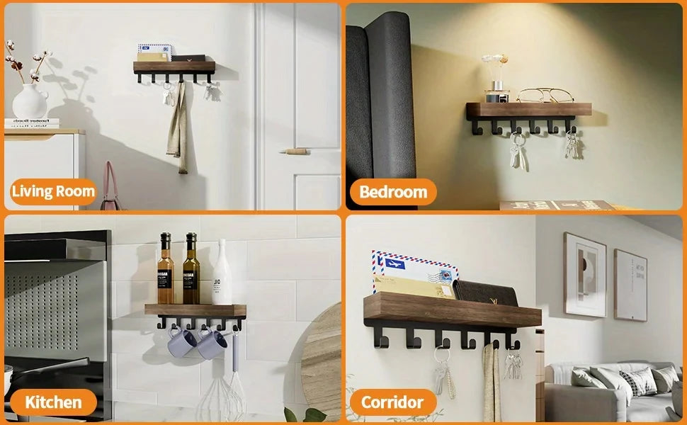 Rustic Wooden Floating Shelf with 6 Hooks Shower Caddy and Key Holder Nordic Style Storage Organizer for Home Bedroom Bathroom