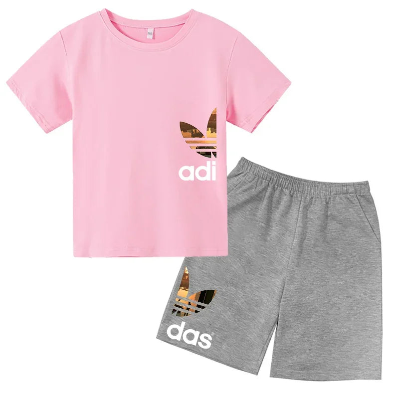 Summer 3-13Y Kids Fashion Creative Sports Outdoor Print Short Sleeve T-Shirt & Shorts Set - Stylish Children's 2-Piece Activewea