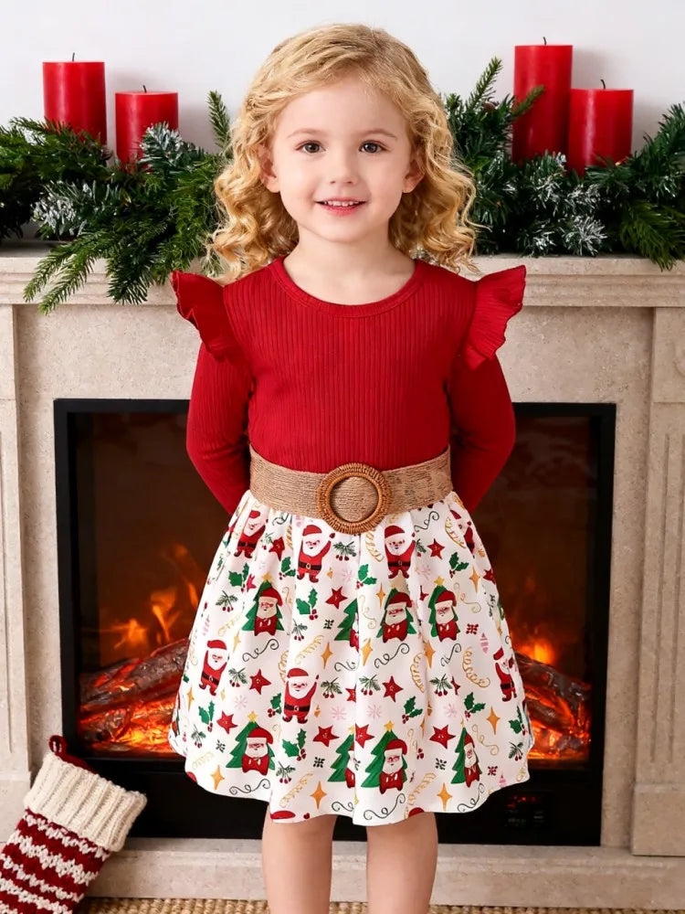 1-7 Years Children Girls New Year Dress Red Long Sleeved Flower Skirt for Birthday Wedding Party Wear Fashion Autumn Outfits