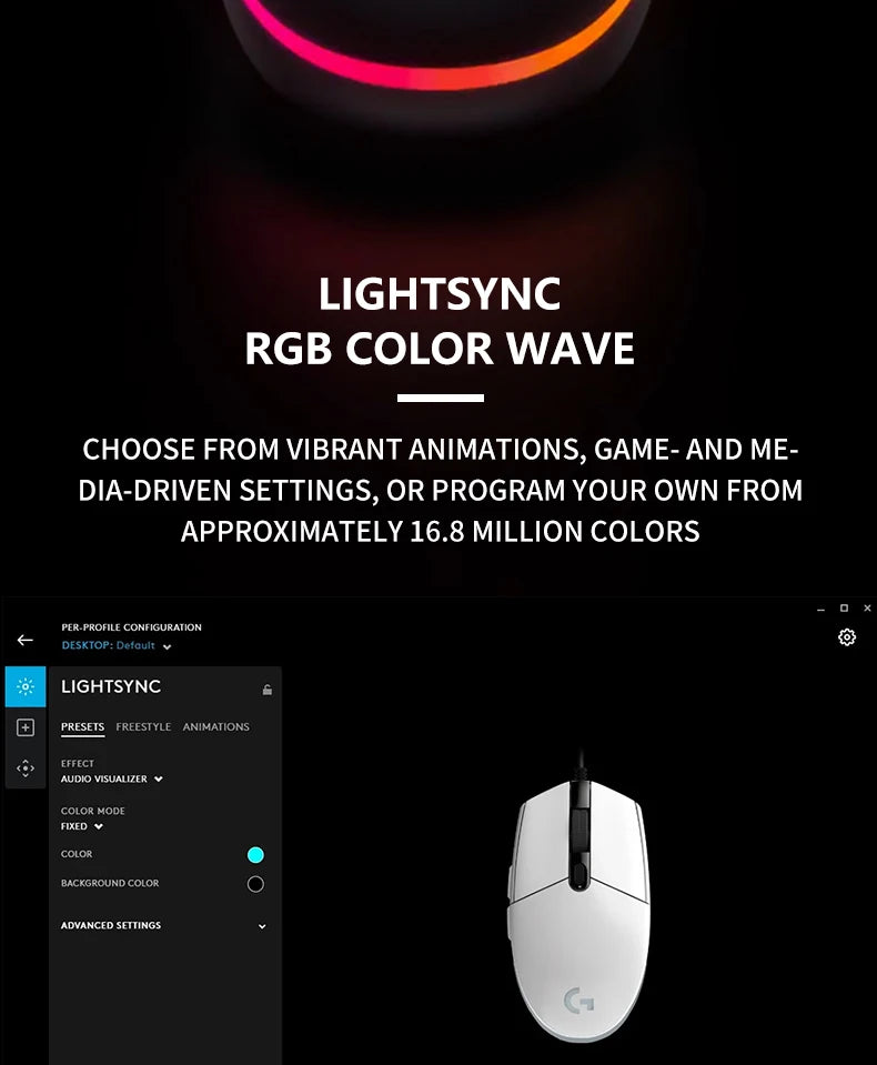 The G102/G203 with LIGHTSYNC lighting effect, featuring a resolution of 8000 DPI, offers smooth and responsive gaming experience