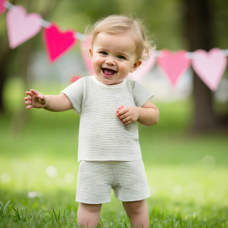 2024-12-30 Lioraitiin Toddler Baby Boys Summer Outfit Waffle Striped Short Sleeve T-shirt Elastic Waist Shorts Set
