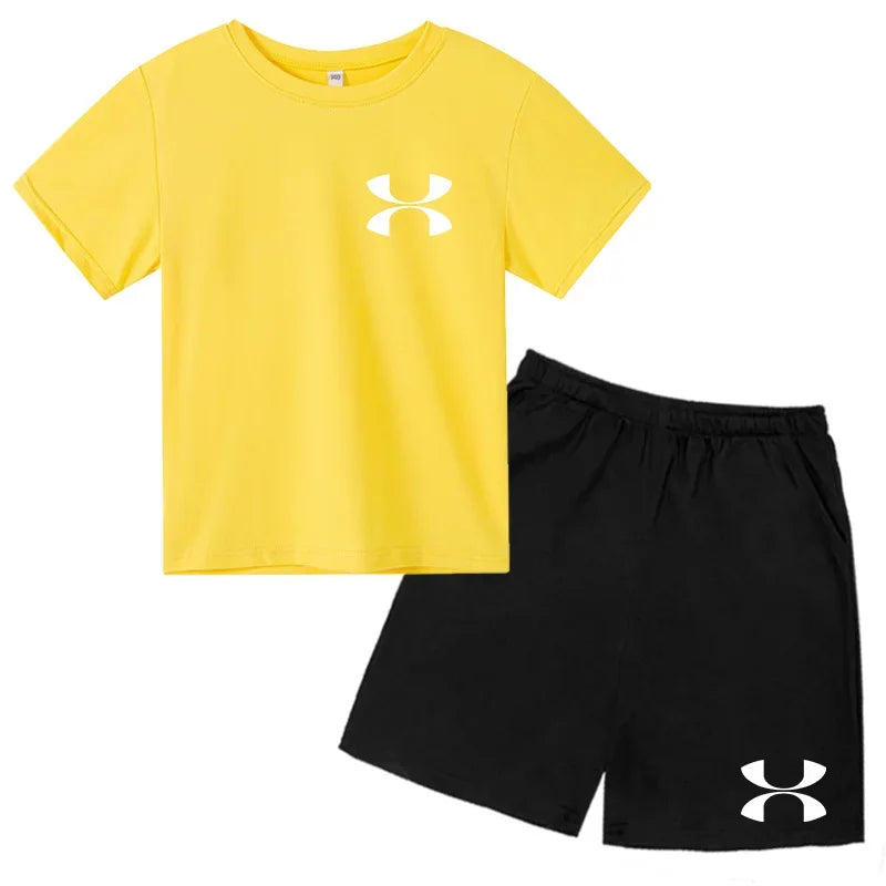 Kids Brand T-shirt Summer Clothes Letters Round Neck Fashion Short-sleeved+Shorts Two-piece Set Boy Girl 3-12Y Casual Sports Set