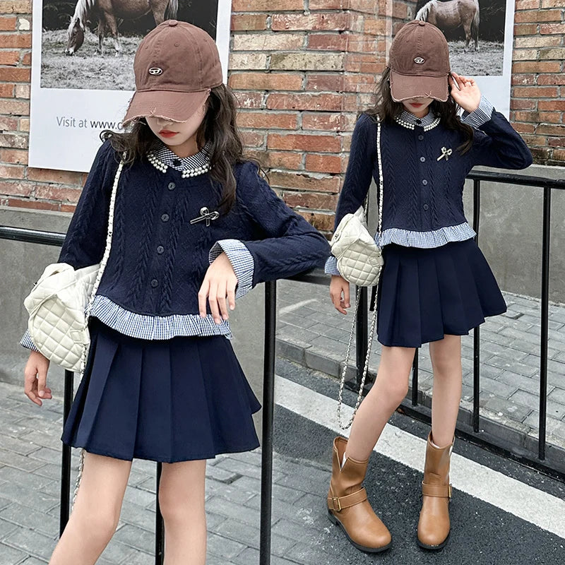 teen girls college style clothes set Striped patchwork ruffle hem tops jacket+Pleated skirt 2pcs junior kids suit child outfits