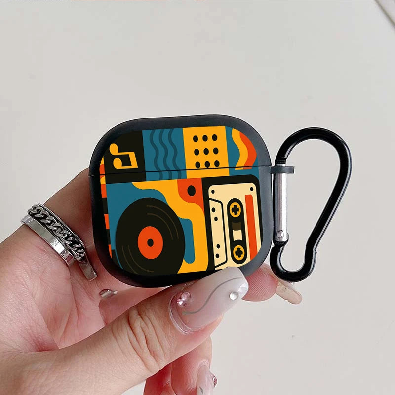 Trendy Retro Music Pattern Earbuds Case For AirPods 4/3/2/1 Case For AirPods Pro 3/Pro 2/Pro TPU Protective Cover with Keychain