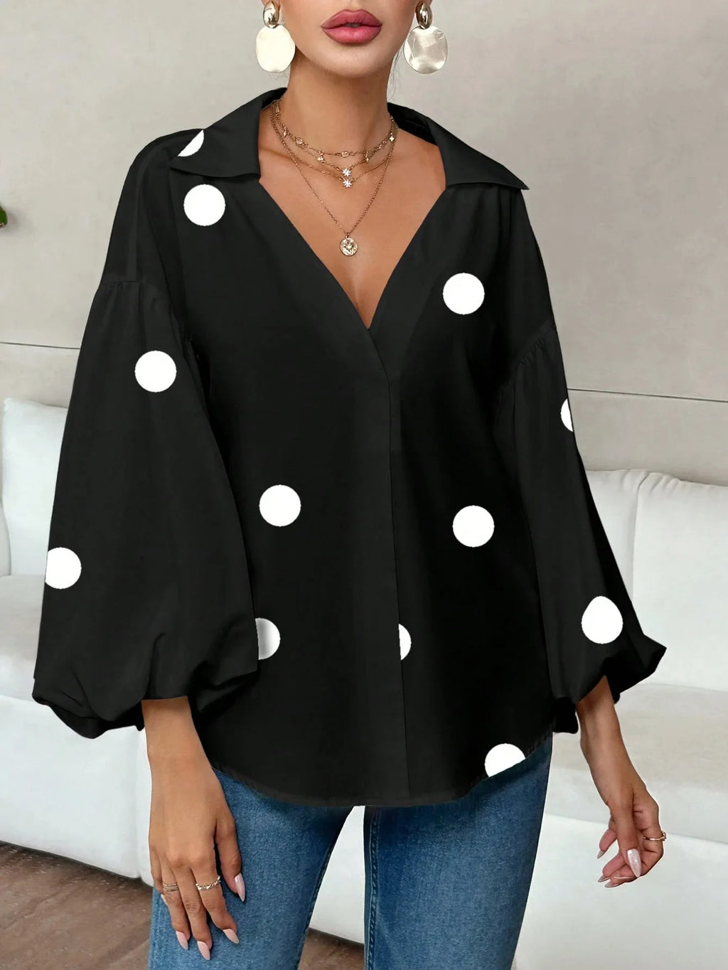 Boho Women's Blouses Spring Fall New Fashion French Polka Dot Half-neck Design Loose Puff Long-sleeve Top Casual Shirts Women