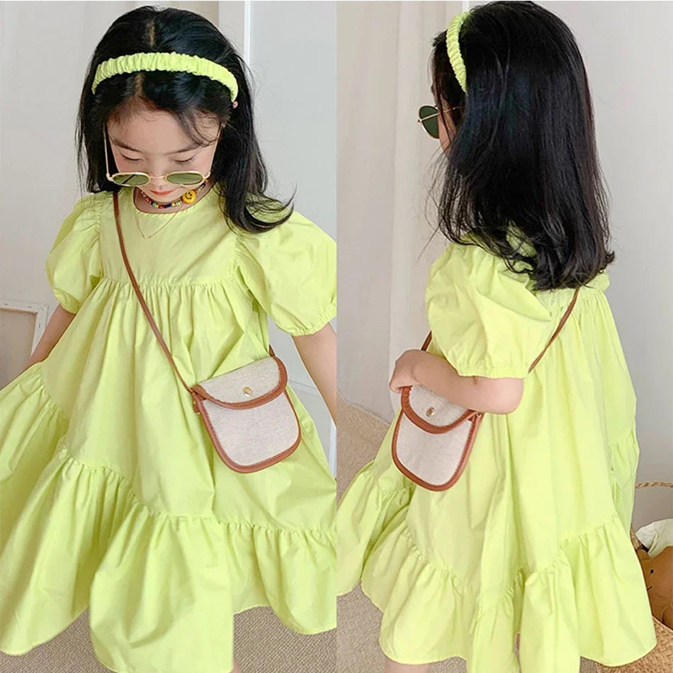 Girls Fashion Pink Princess Dress Kids Summer Puff Sleeve Casual Dresses Children Korean Style Mesh Clothing Gift Lolita Dress