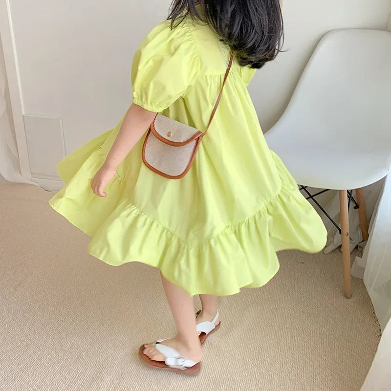 Girls Fashion Pink Princess Dress Kids Summer Puff Sleeve Casual Dresses Children Korean Style Mesh Clothing Gift Lolita Dress