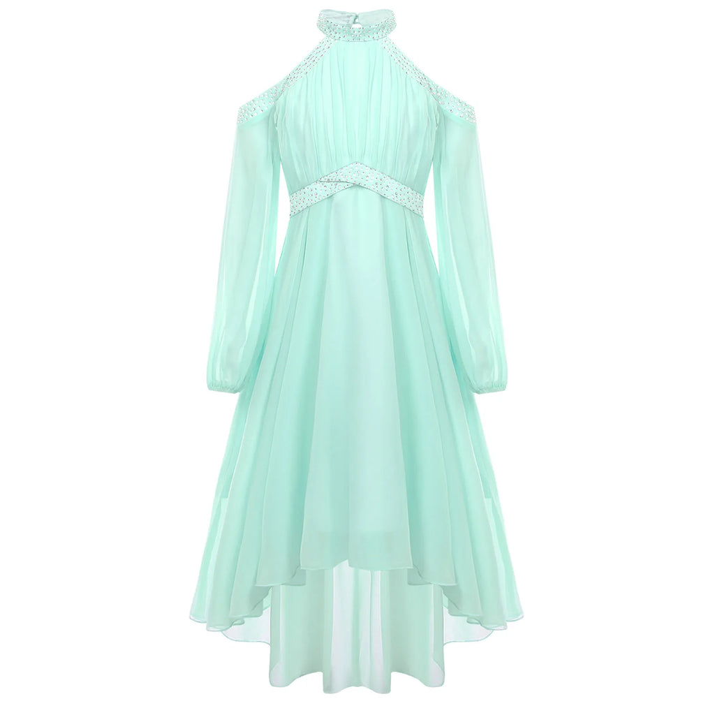 Kids Girls Elegant Party Dress Halter Off-shoulder High Waist Ruffled Chiffon Dresses Wedding Birthday Pageant Evening Prom Gown
