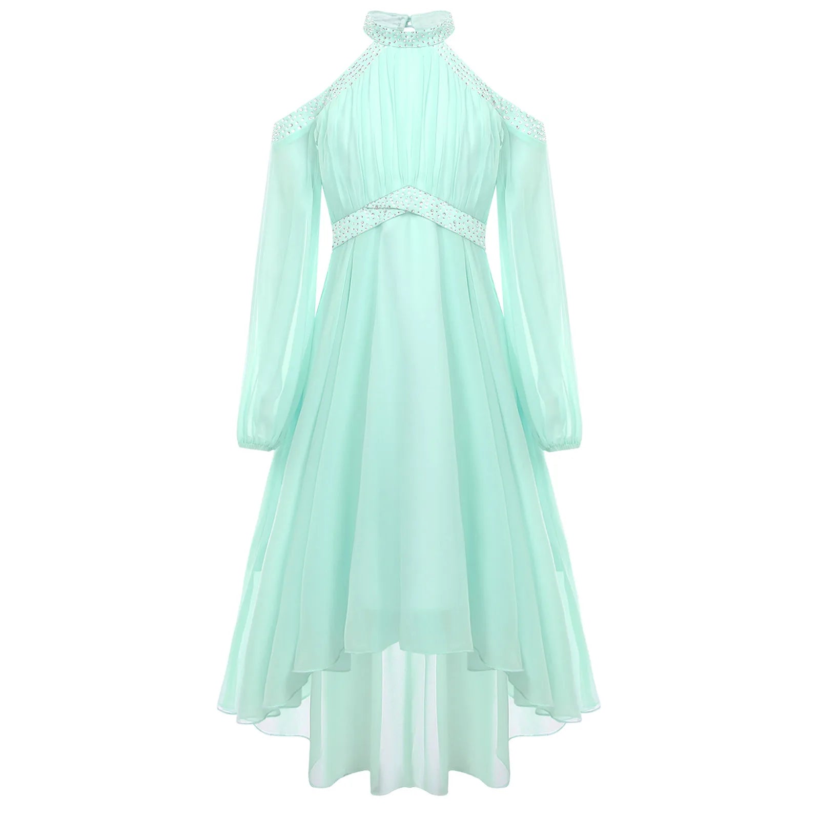 Kids Girls Elegant Party Dress Halter Off-shoulder High Waist Ruffled Chiffon Dresses Wedding Birthday Pageant Evening Prom Gown