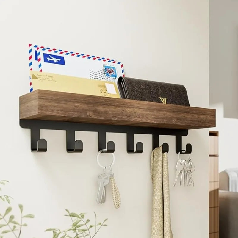 Rustic Wooden Floating Shelf with 6 Hooks Shower Caddy and Key Holder Nordic Style Storage Organizer for Home Bedroom Bathroom