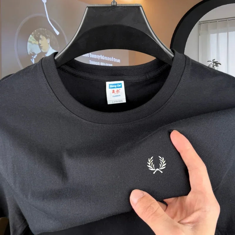 100% pure cotton high-end brand men's round neck short sleeved top summer fashion luxury wheat embroidery design casual T-shirt