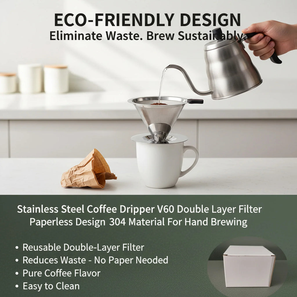 V60 Stainless Steel Coffee Filter Cone Double Layer Paperless Design 304 Material for Pour Over Brewing Large Capacity