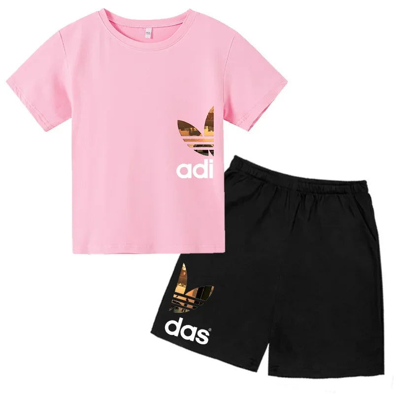 Summer 3-13Y Kids Fashion Creative Sports Outdoor Print Short Sleeve T-Shirt & Shorts Set - Stylish Children's 2-Piece Activewea