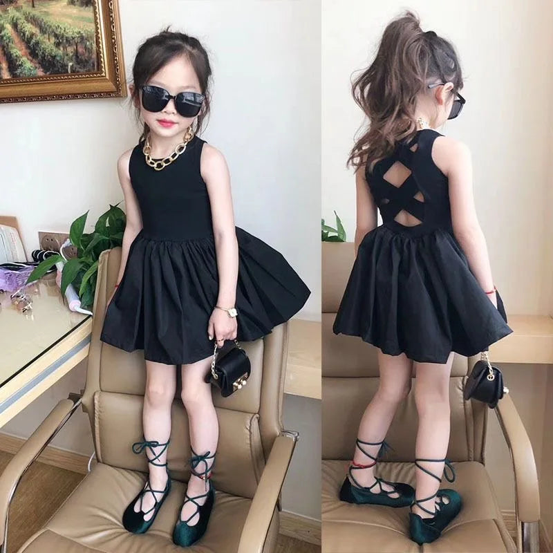 2024 Summer Girls Elegant Goth Dresss Black Sleeveless Tutu Dress Backless Off Shoulder Party Kid Dresses 2 4 5 6 7 8 Years Old
