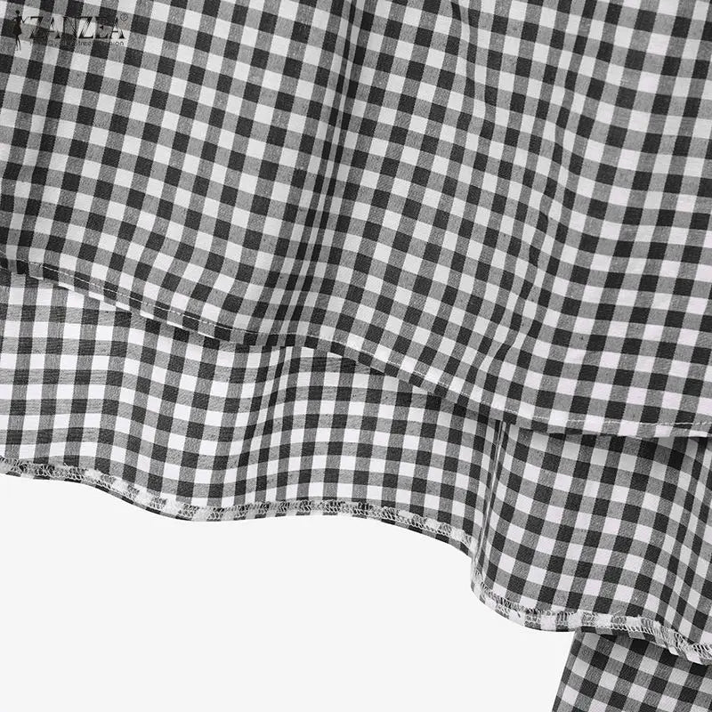 ZANZEA Women's Gingham Pant Suits Collared Long Sleeve High-Low Blouse & Wide Leg Pant 2 Pieces Sets Streetwear Casual Outfits