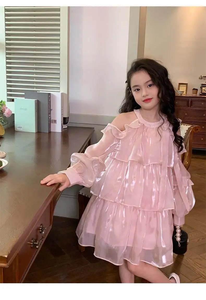 2025 Summer New Girls Dress Pink Off Shoulder Long Sleeve Halterneck Princess Dress For 2-10 Years Teen Girls Grace Fashion Dres