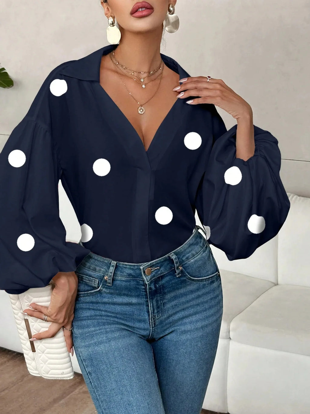 Boho Women's Blouses Spring Fall New Fashion French Polka Dot Half-neck Design Loose Puff Long-sleeve Top Casual Shirts Women