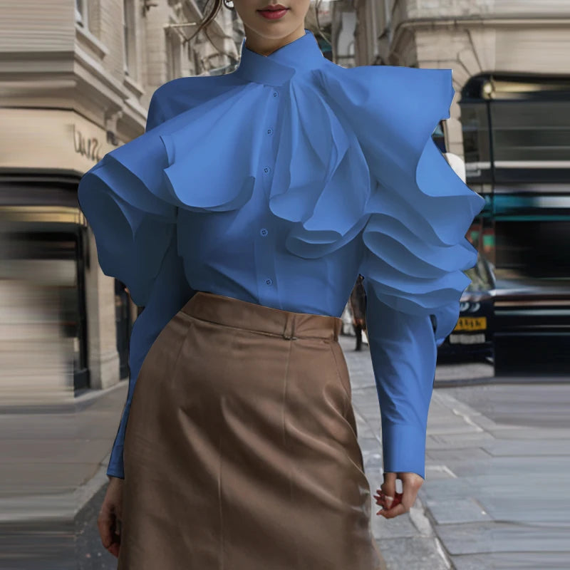 ZANZEA Vintage Solid Office Blouse Women Ruffled Stitching Street Shirts Spring 3D Long Sleeve Tops Casual Loose Buttons Tunics