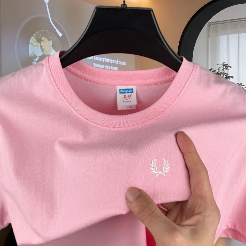 100% pure cotton high-end brand men's round neck short sleeved top summer fashion luxury wheat embroidery design casual T-shirt