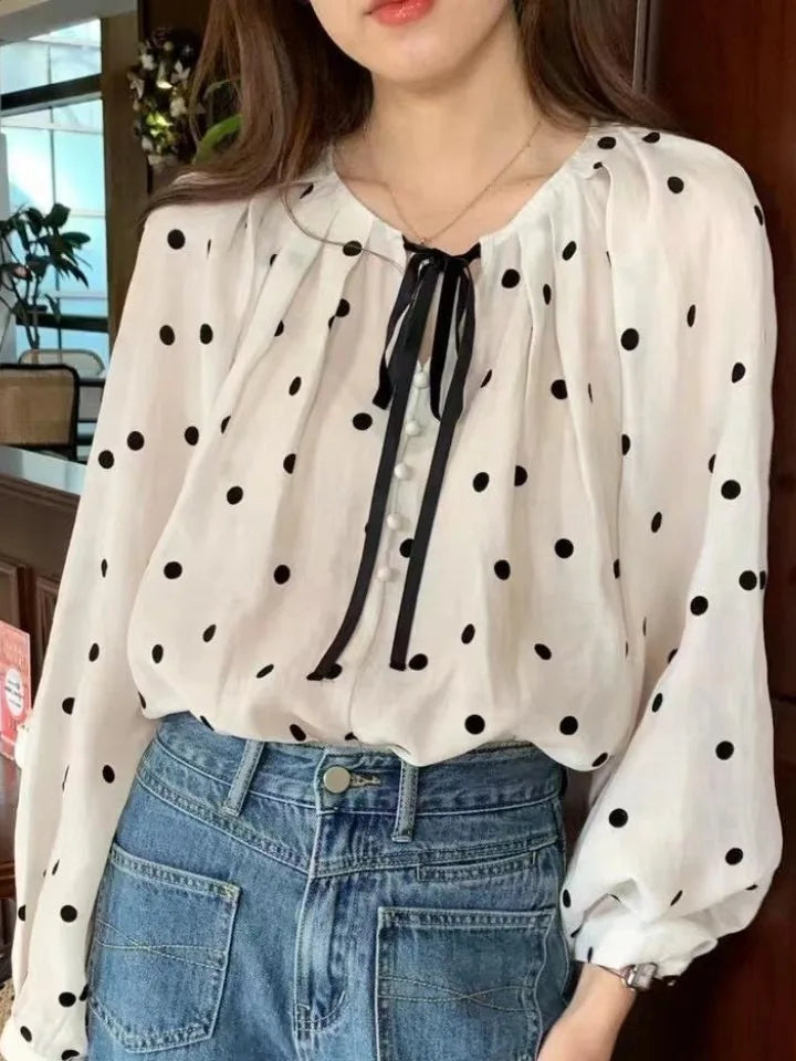 Sweet French Style Polka Dot Bubble Sleeve Sun Protection Shirt Women Spring Summer Fashion Anti Aging Doll Top Silk Blouse