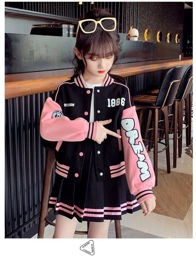 2024 Girls Clothing Sets Children Long Sleeved Coats Skirts Suit Teenage Girl Jacket Baseball Suit Kids Tracksuit Outfit Clothes