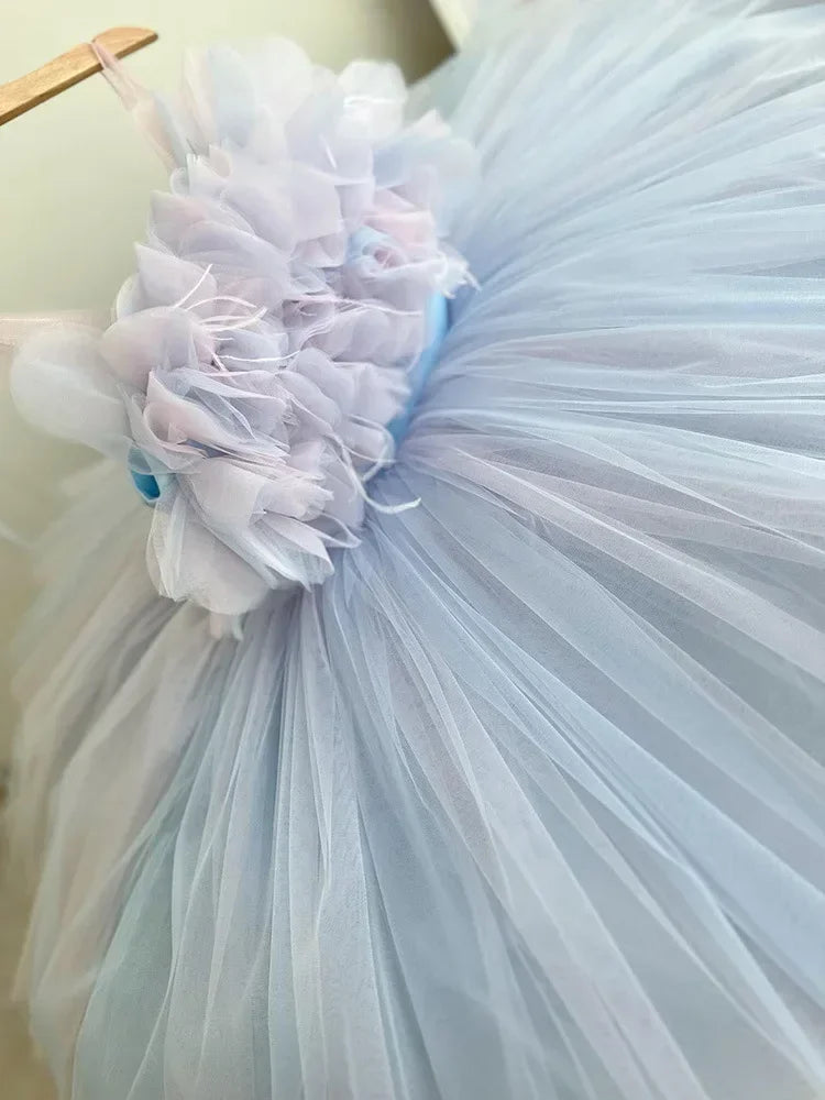 Girl Clothes Children's Flower Dress Wedding Princess Dresses Little Girls Pink Blue Strap Tulle Tutu Skirt Purple Spaghetti