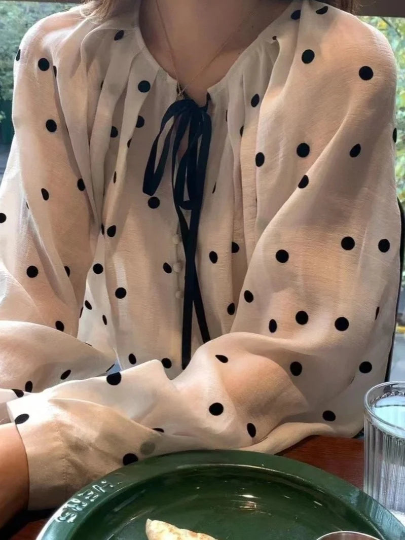 Sweet French Style Polka Dot Bubble Sleeve Sun Protection Shirt Women Spring Summer Fashion Anti Aging Doll Top Silk Blouse