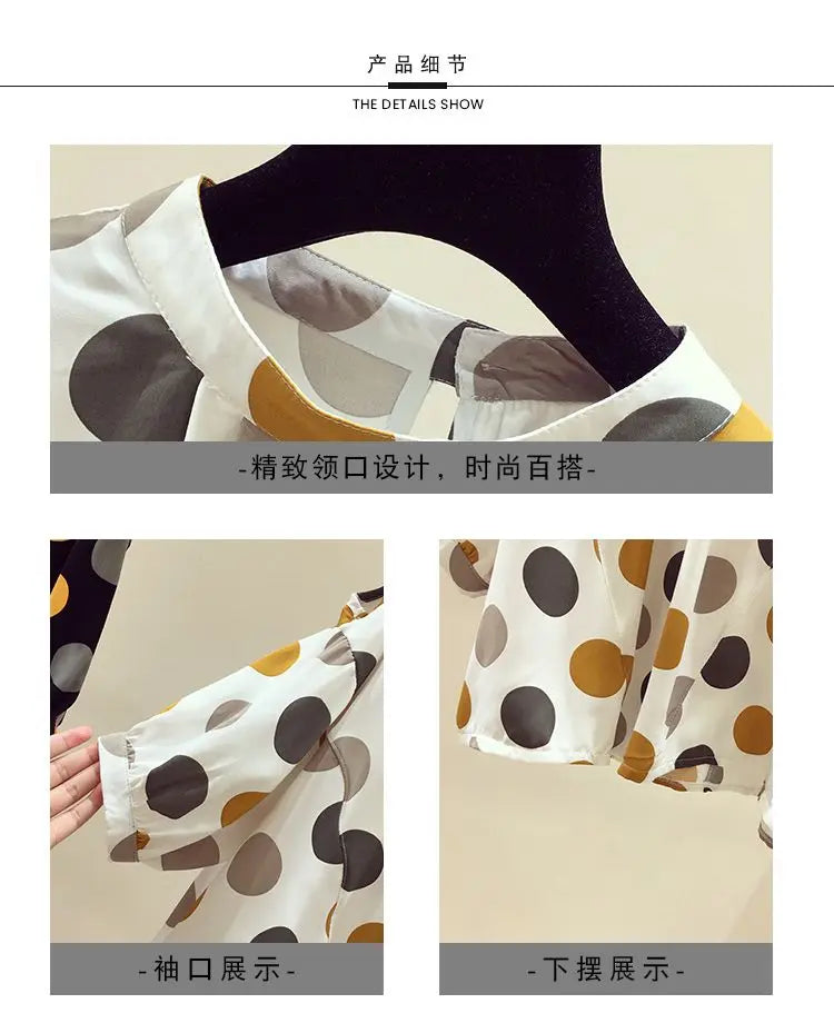 Oversize Summer Polka Dot Printed Chiffon Blouses Women Round Neck Patchwork Short Sleeve Shirt Off Shoulder Tops Female Clothes