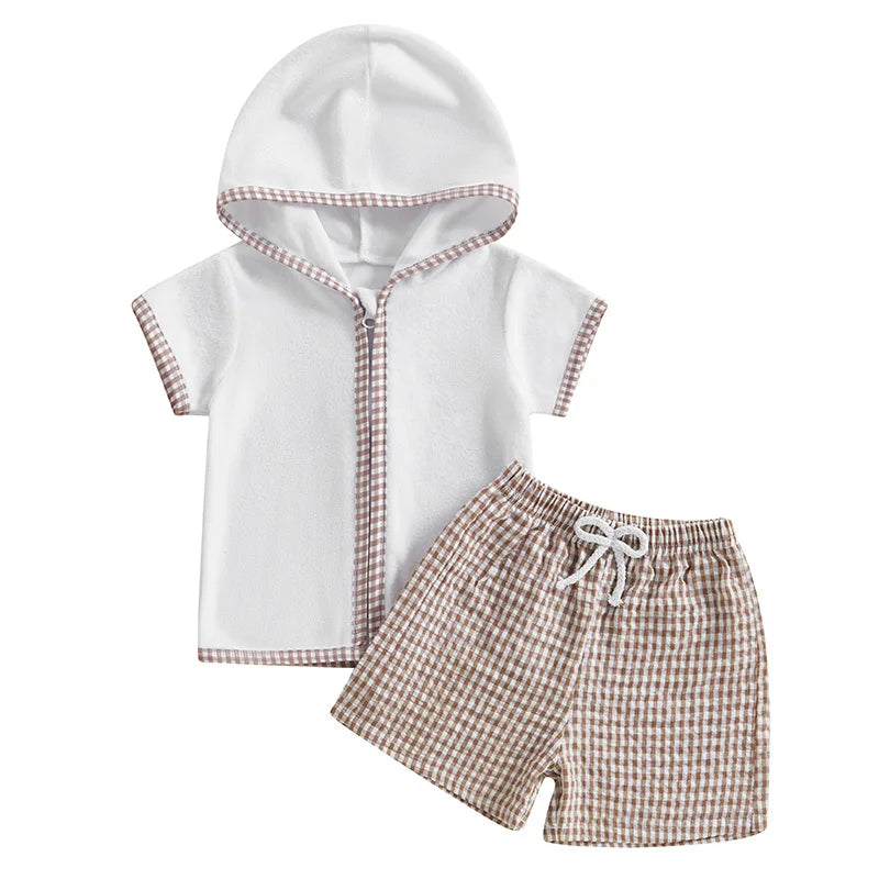 Toddler Kids Baby Girls Boys Summer Clothing Sets Short Sleeve Zipper Hood Tops with Plaid Print Shorts Beach Cover Up Outfits