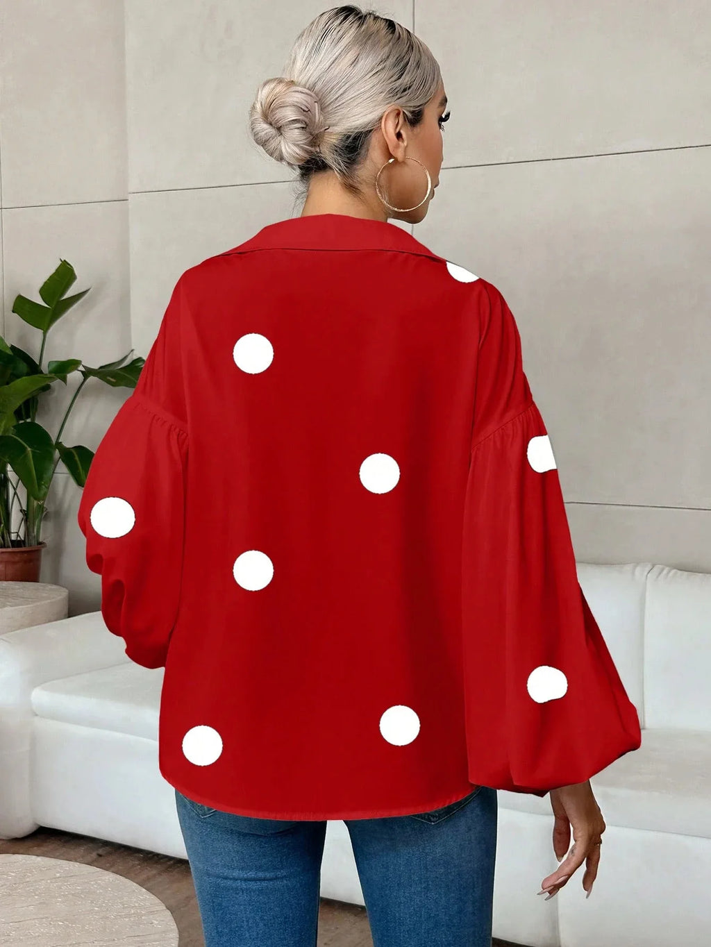 Boho Women's Blouses Spring Fall New Fashion French Polka Dot Half-neck Design Loose Puff Long-sleeve Top Casual Shirts Women