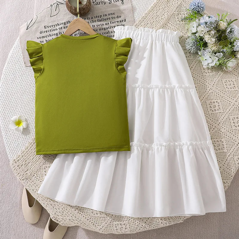Girls' Outfit summer new style children's stylish three-dimensional flower flying sleeve top half skirt two-piece set