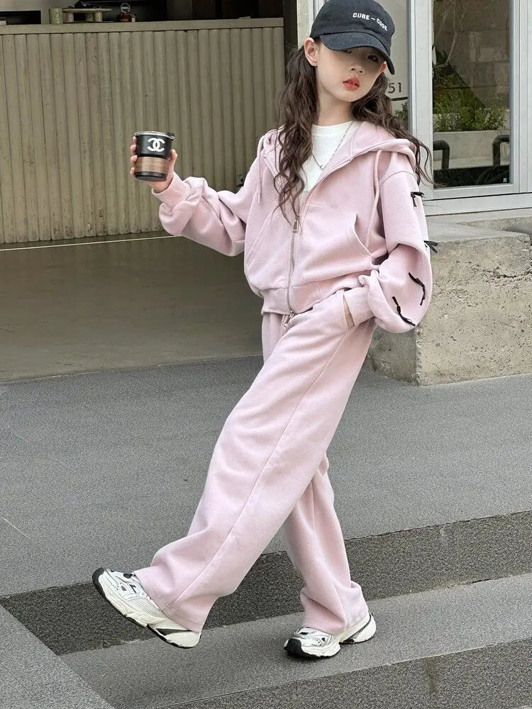 2026 casual spring winter girl cloth bow loose striped heart sweatshirt + wide leg pant teens children set 4 8 10 12 14 15 year