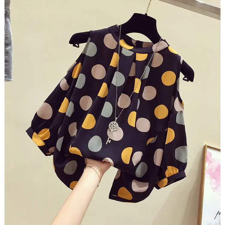 Oversize Summer Polka Dot Printed Chiffon Blouses Women Round Neck Patchwork Short Sleeve Shirt Off Shoulder Tops Female Clothes