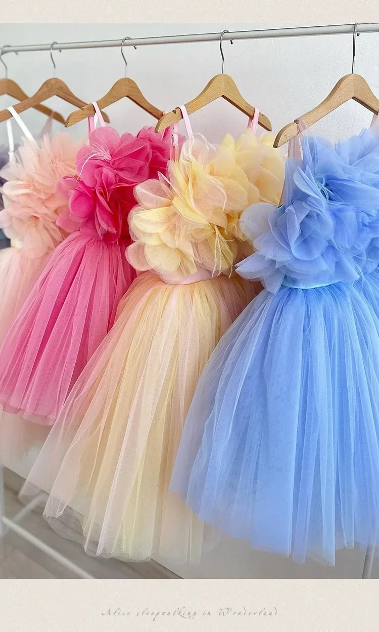 Girl Clothes Children's Flower Dress Wedding Princess Dresses Little Girls Pink Blue Strap Tulle Tutu Skirt Purple Spaghetti