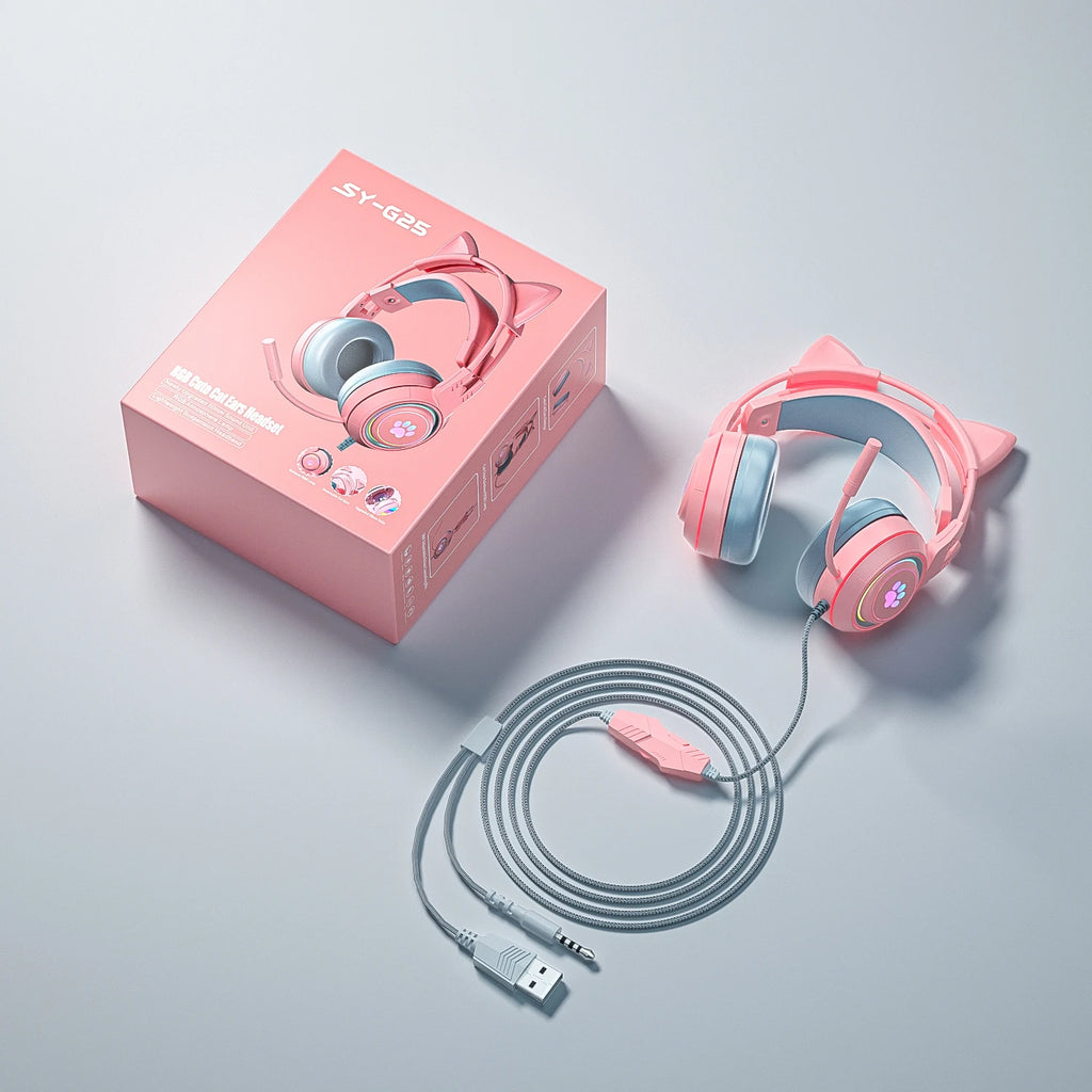 pink Gaming Headset for PC, PS4, PS5, Laptop 3.5mm Noise Reduction with Mic Noise Cancelling, LED Light for Girls, Women