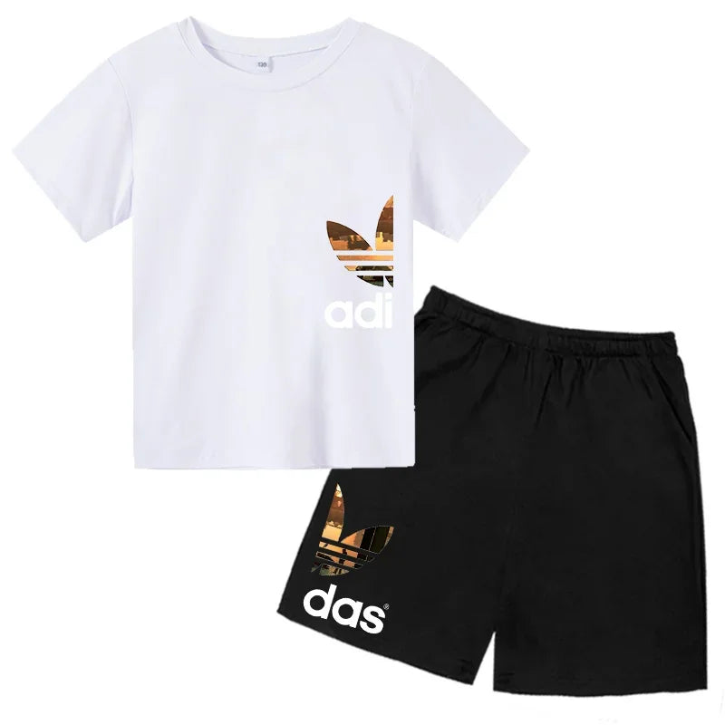 Summer 3-13Y Kids Fashion Creative Sports Outdoor Print Short Sleeve T-Shirt & Shorts Set - Stylish Children's 2-Piece Activewea