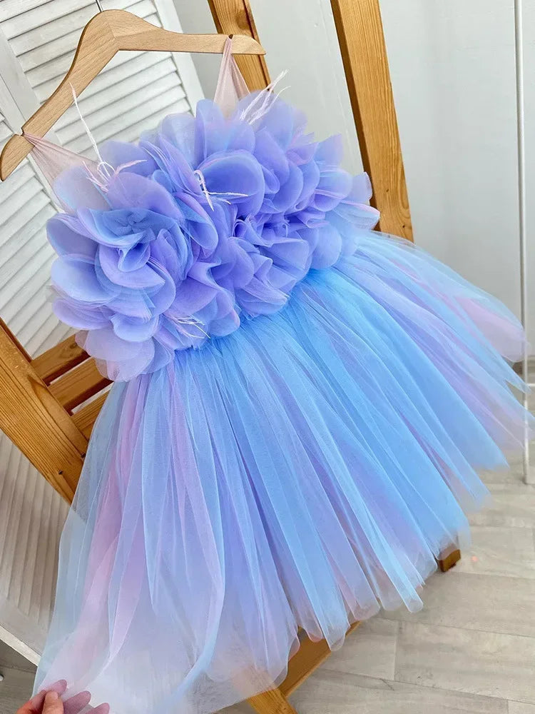 Girl Clothes Children's Flower Dress Wedding Princess Dresses Little Girls Pink Blue Strap Tulle Tutu Skirt Purple Spaghetti