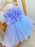 Girl Clothes Children's Flower Dress Wedding Princess Dresses Little Girls Pink Blue Strap Tulle Tutu Skirt Purple Spaghetti