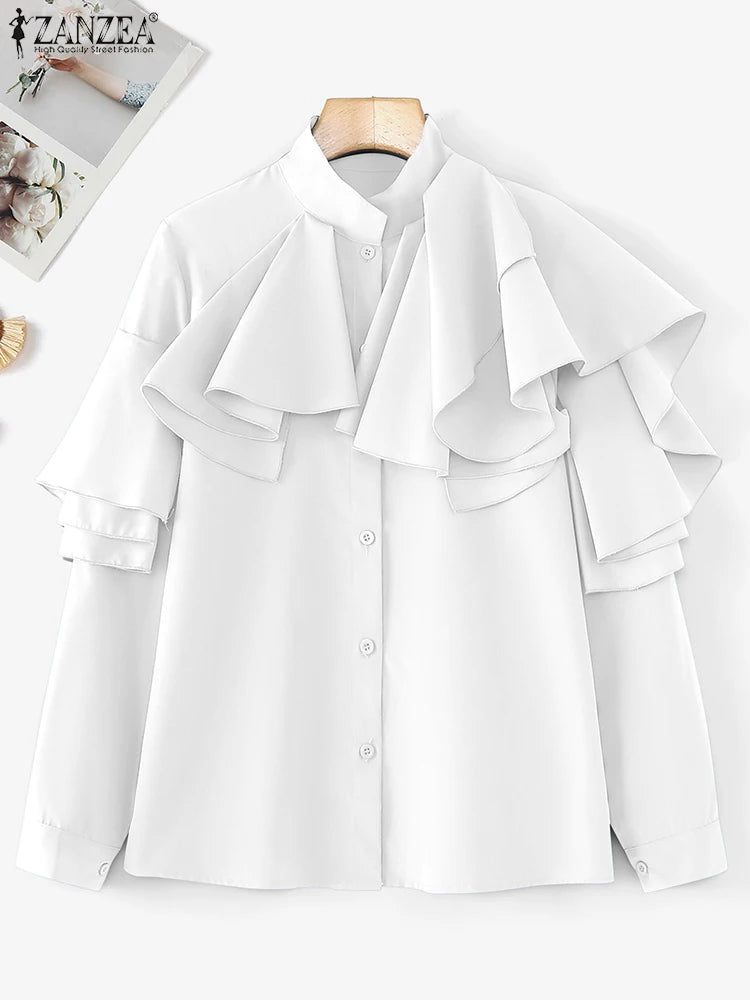 ZANZEA Vintage Solid Office Blouse Women Ruffled Stitching Street Shirts Spring 3D Long Sleeve Tops Casual Loose Buttons Tunics