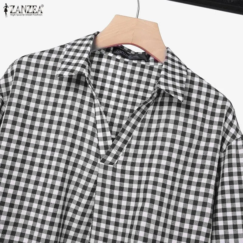 ZANZEA Women's Gingham Pant Suits Collared Long Sleeve High-Low Blouse & Wide Leg Pant 2 Pieces Sets Streetwear Casual Outfits