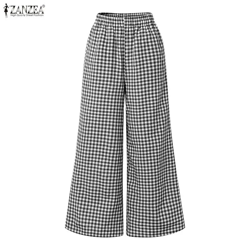 ZANZEA Women's Gingham Pant Suits Collared Long Sleeve High-Low Blouse & Wide Leg Pant 2 Pieces Sets Streetwear Casual Outfits