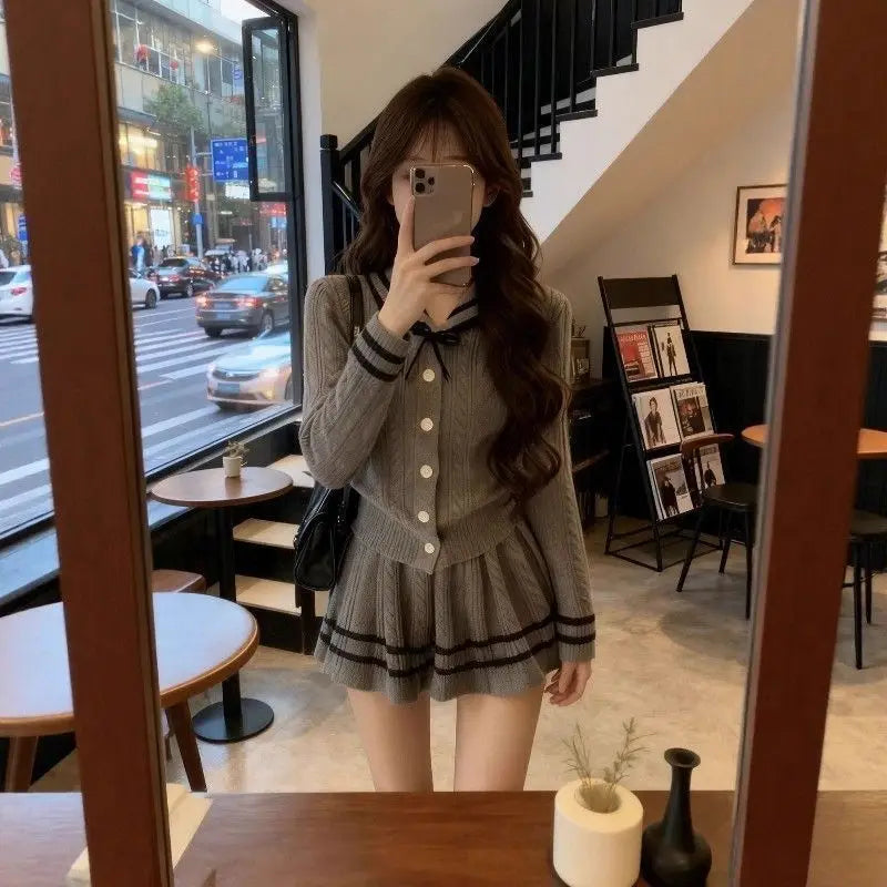 Women's Knitted High Waist Long Sve Set ay Lazy Sle Top And  Skirt Two Piece Suit Autumn Faion Casual Outfit