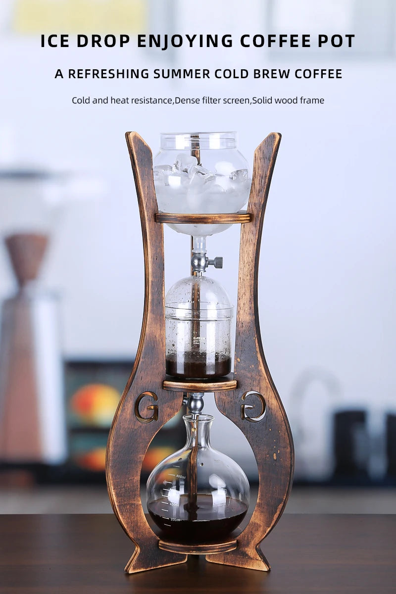Home Wooden Stand Borosilicate Glass Ice Drop Pot Iced Cold Tower Drip Commercial Cold Brew Coffee Maker