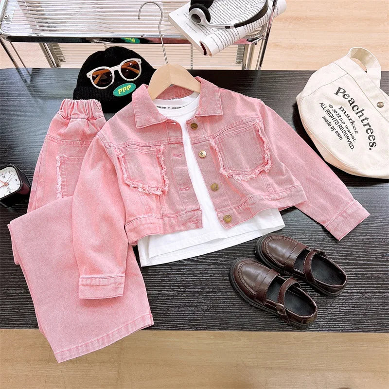 2025 Spring Autumn New Girls Clothing Set Teen Girls Solid Color Denim Jacket+Wide Leg Pants 2Pcs  For 4-12Y Kids Fashion Outfit