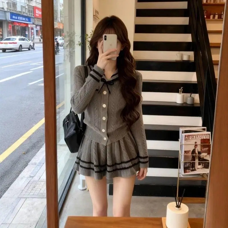 Women's Knitted High Waist Long Sve Set ay Lazy Sle Top And  Skirt Two Piece Suit Autumn Faion Casual Outfit