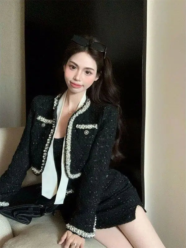 Small Fragrance Style Tweed Set Black Jacket Women's Short Dress Two-Piece Suit Autumn Fashion Trend Miniature Two-Piece Set